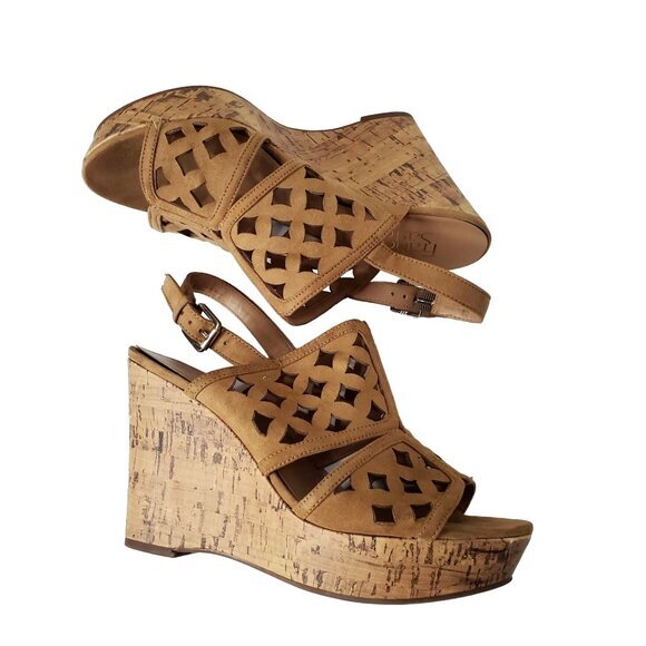 FRANCO SARTO Womens Sandals 8 Shea Cut Out‎ Wedge Cork Leather Tan Chunky Y2K - Picture 1 of 9